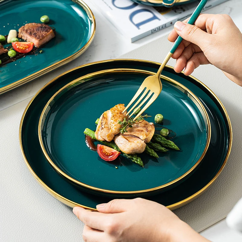 Ensemble de vaisselle en céramique pour restaurant et hôtel, ensemble d'assiettes quePlates, bol à soupe à salade, plats de luxe, vert