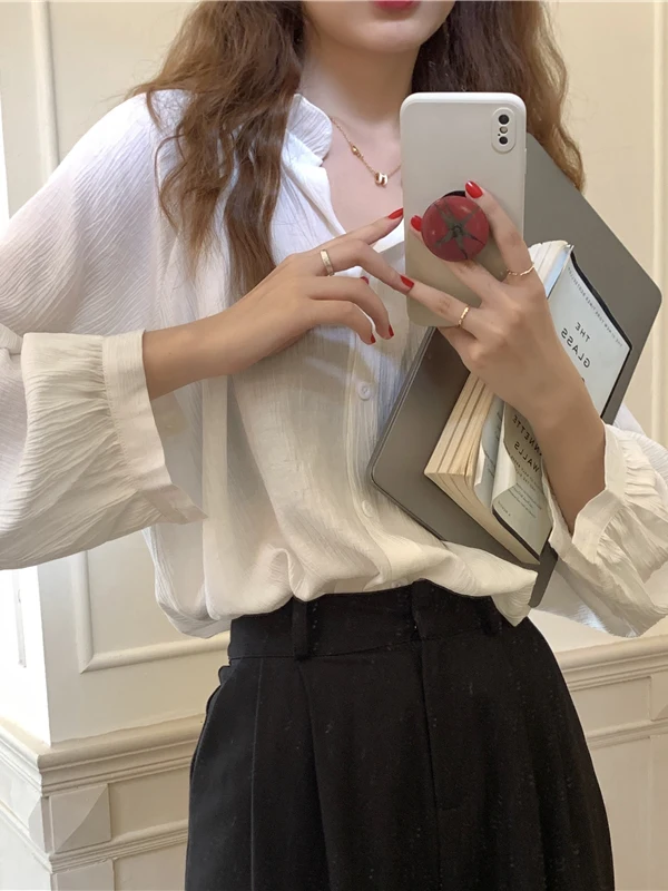 

Корейский Sle Wooden V-Ne White irt, женская свободная длинная све, модный осенний топ, утягивающая однотонная блузка в стиле ретро