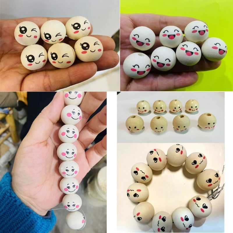 100pcs 20mm Round Beads Wooden Beads with Face Multifunctional Wooden Ball for DIY Bracelet Necklace Jewelry Making