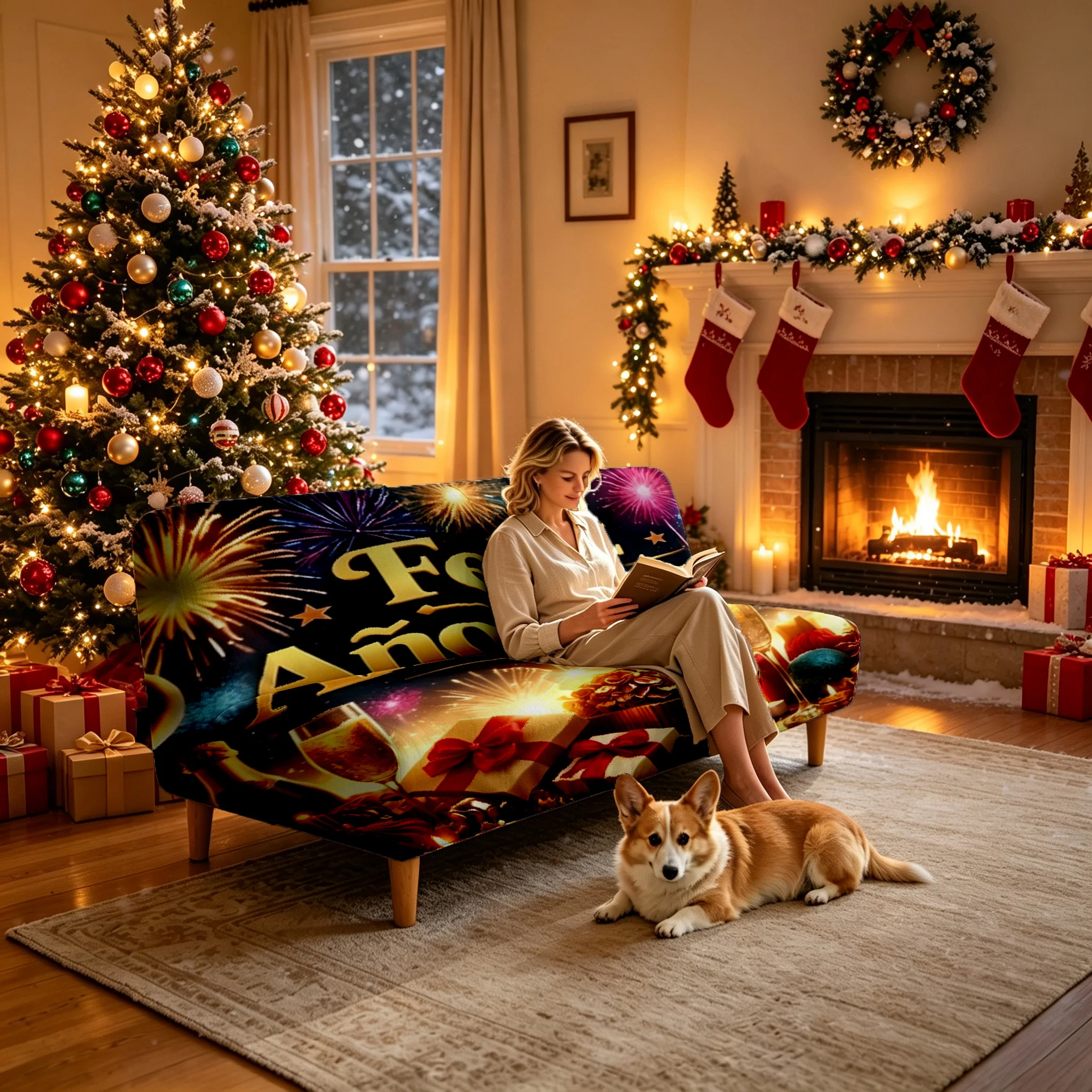 1PC Christmas Champagne Celebration Printed Elastic Folding Sofa Bed Cover, Holiday party Decoration Armless Sofa Bed cover