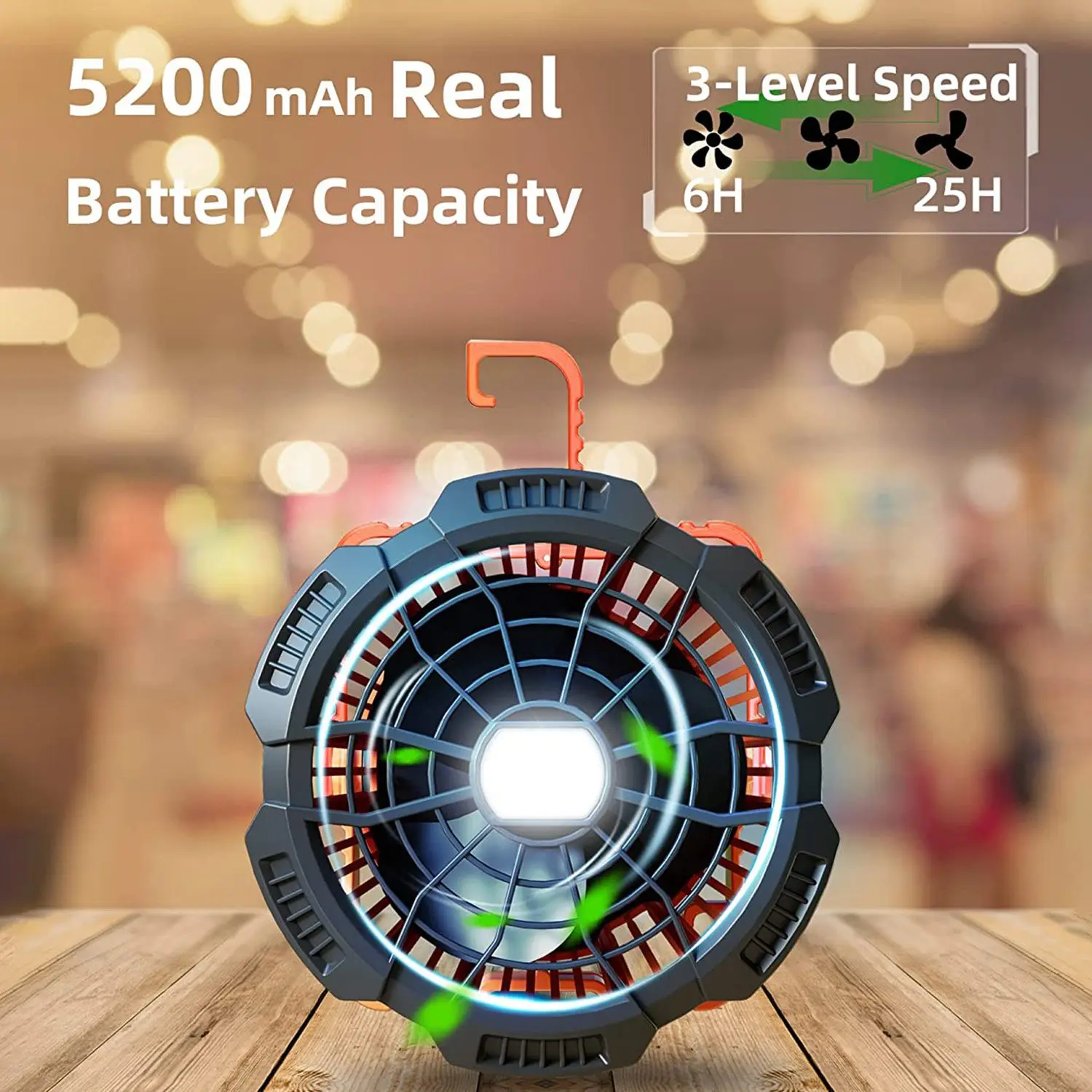 مروحة تخييم A09G مع فانوس LED، مروحة محمولة تعمل بالبطارية لمدة 25 ساعة مع خطاف تعليق، مروحة خيمة خارجية قابلة لإعادة الشحن