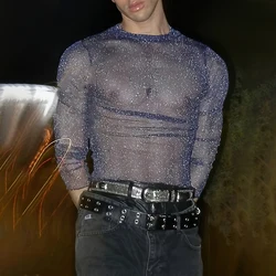 Mens See-Through Shiny Sexy Casual T-Shirt Autumn Genderless Fashion Tight Stretch Nightclub Thin Long-Sleeved Top Unisex