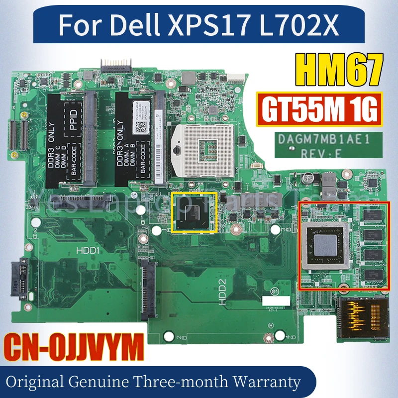 DAGM7MB1AE1 For Dell XPS17 L702X Laptop Mainboard CN-0JJVYM N12E-GE2-B-A1 GT55M 1G HM67 Notebook Motherboard 100％ Tested