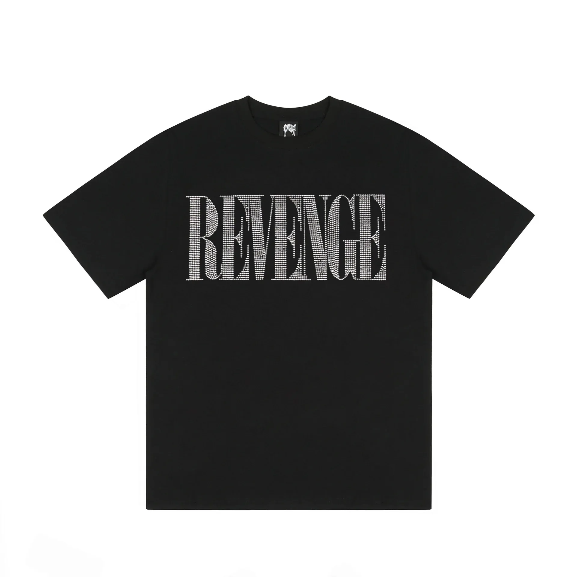 Hip Hop REVENGE Hot Diamond Letter Black Round Neck Short Sleeve Loose T-shirt for Men and Women Summer Fashion