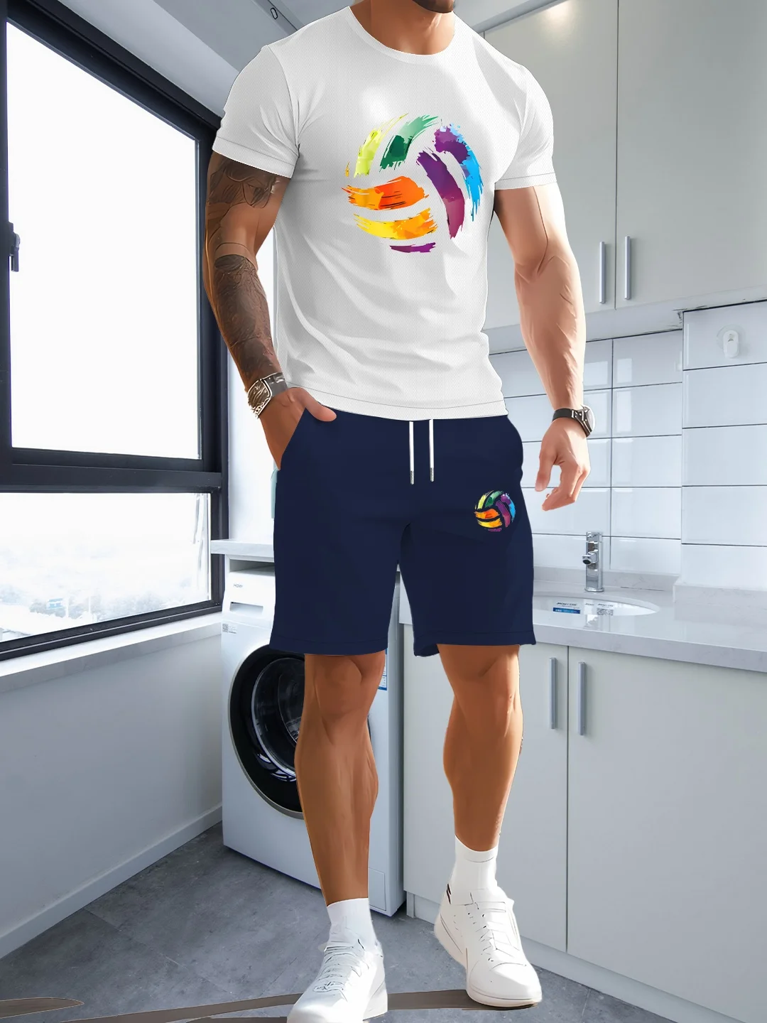 

Patterned printed men's summer casual suit, high-end daily wear casual sports short-sleeved T-shirt + drawstring shorts two-piec