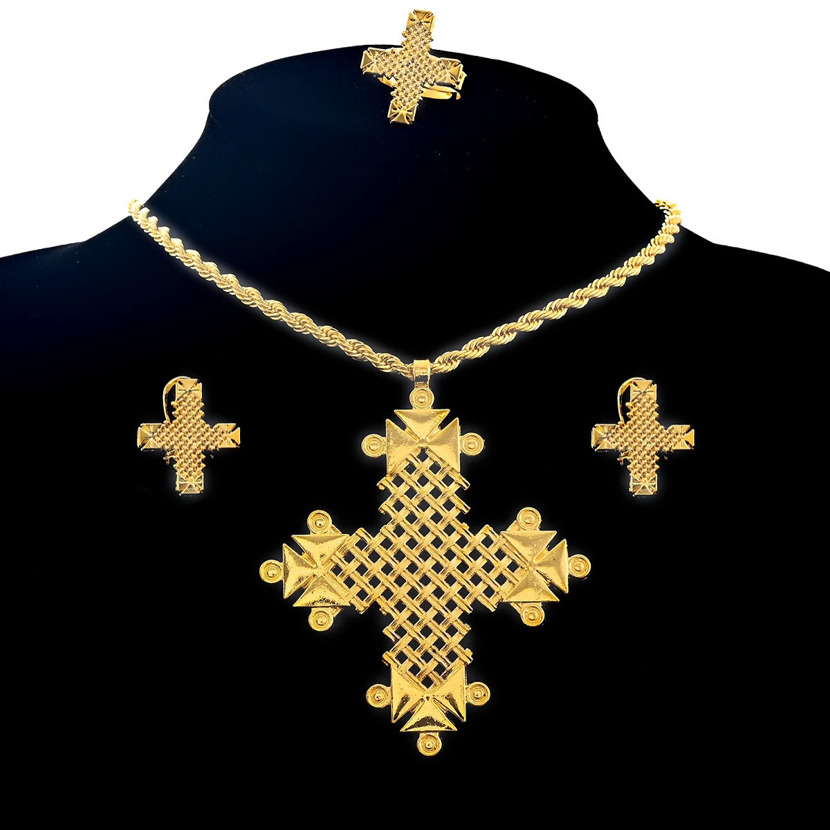 

Gold Color Big Cross Pendant Earrings Ring Jewelry Sets African Arab Ethiopian Eritrean Habesha Accessories