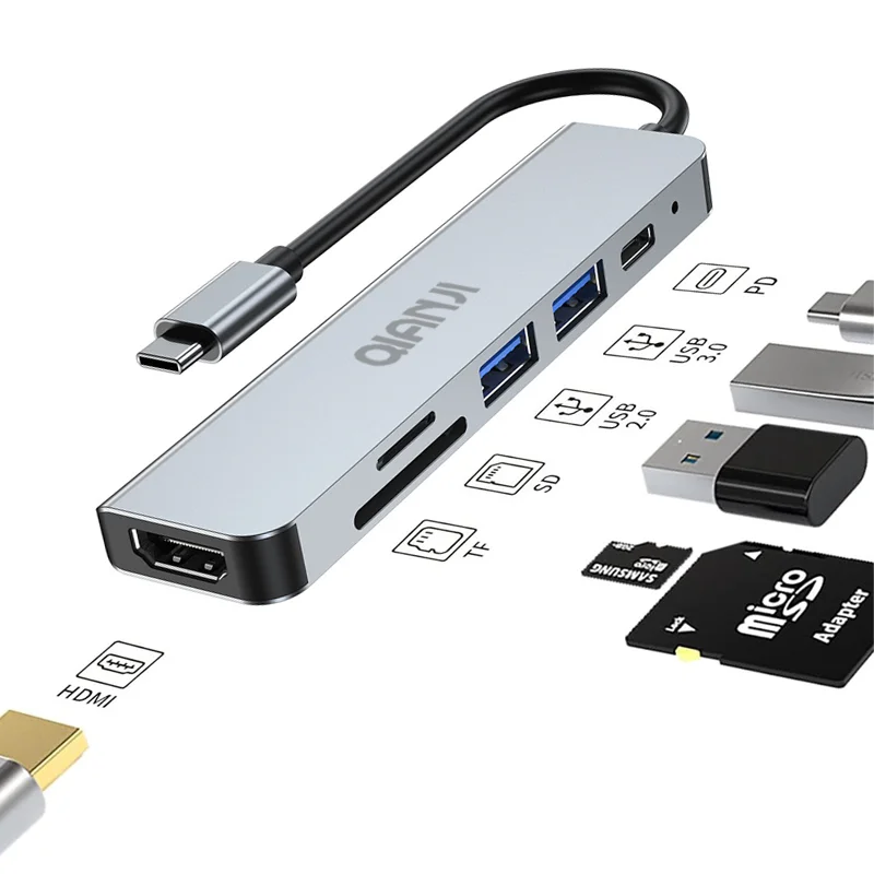 6 in 1 USB C Hub Adapter 4K HDMI 100W PD USB 3.0 SD/TF Card Reader for MacBook Pro/Air iPad iPhone - Type-C External Drive Dock