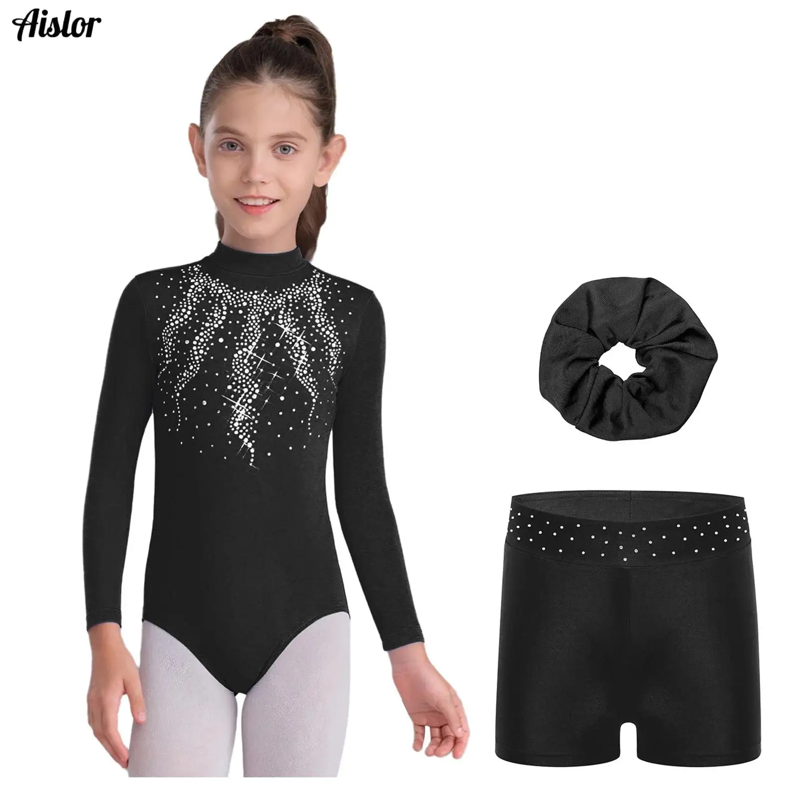 

Girls 3Pcs Athletic Outfit Rhythmic Gymnastics Leotard with Shorts Hairband Fleece Lined Bodysuit Tumbling Ballet Dance Biketard