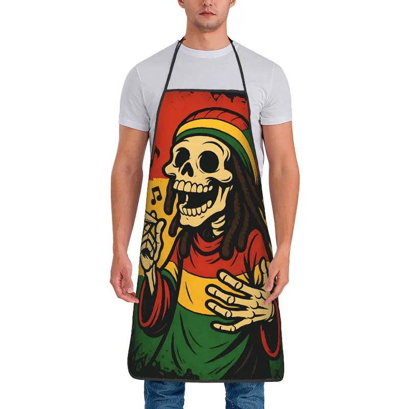 Rasta Skeleton Apron, Reggae Music Skull Graphic Cooking Bib, Cool Jamaica Style Kitchen Decor, Novelty Gift for Men
