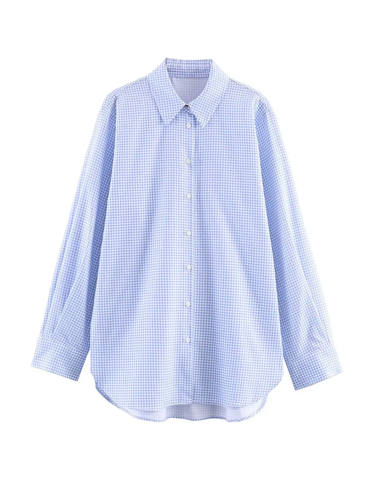 

HH Women's 2026 Spring New Fashion Versatile Blue Plaid Shirt Female Temperament Lapel Single Breasted Casual Long Sleeve Shirt