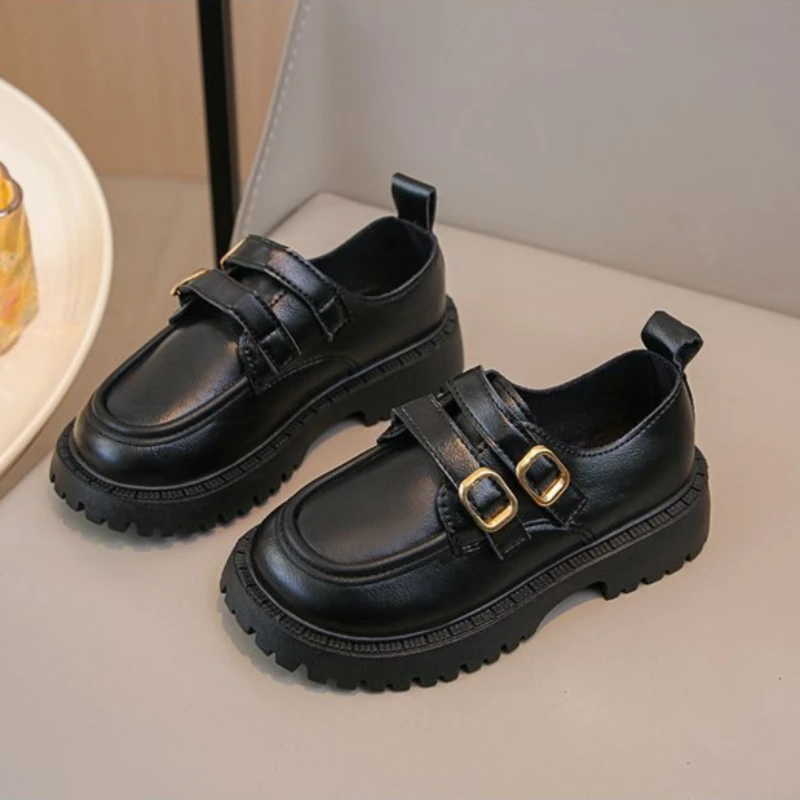 

2026 New Girls Black Leather Loafers Soft Sole British Style Princess Shoes for Kids Spring Autumn Fashion Footwear