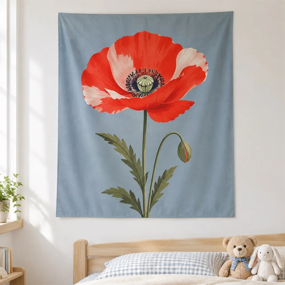VIKAMA Poppy Flower Tapestry Wall Hanging, HD Print Wall Art, Modern Floral Decor for Living Room Bedroom Office Study
