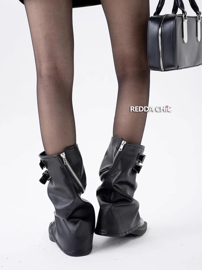 IMU Irregular Zip-up Leather Leg Warmers Women Y2k Retro Deconstructed Belted Knee Long Socks Steampunk Black Boots Cover