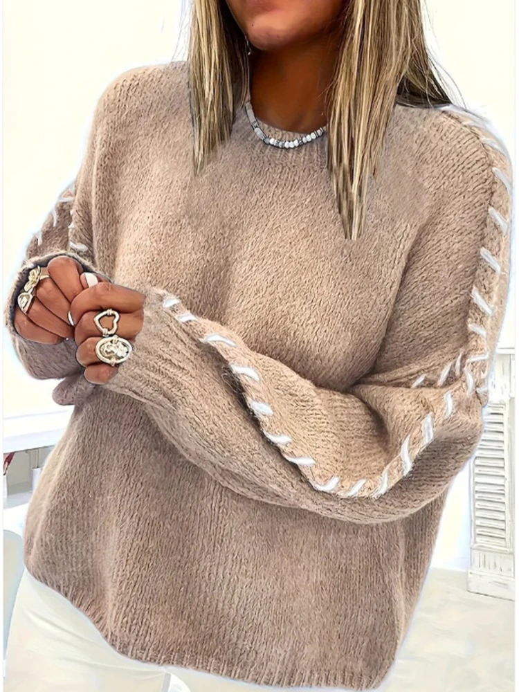 

2025 Autumn and Winter Fashion New Women's Loose Sweater Pullover Knitted Thick Warm Pullover Sweater Round Neck Casual