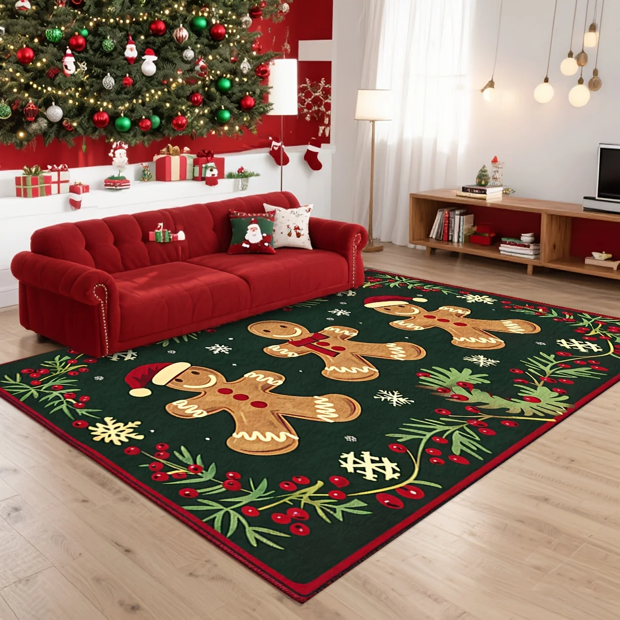 1pc 2D Flat Gingerbread Man Christmas Rug, Red & Green with Snowflakes and Candy Canes, Non Shedding, Machine Washable