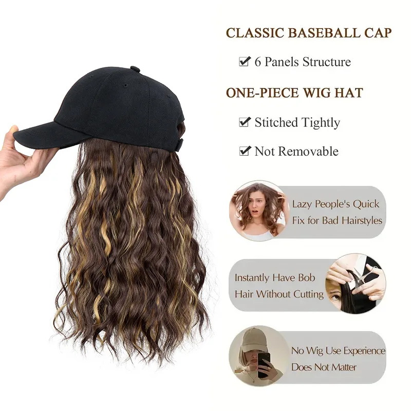 วิกผมหมวกเบสบอลสังเคราะห์สำหรับผู้หญิงต่อผมหยักและหยิก, แถบด้านในแบบปรับได้, การจัดแต่งทรงผมทุกวัน