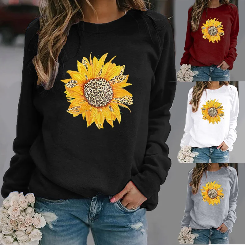 Pull à col rond imprimé tournesol pour femme, sweat à capuche à manches longues, t-shirt pour femme, chemisier pour femme, automne, hiver