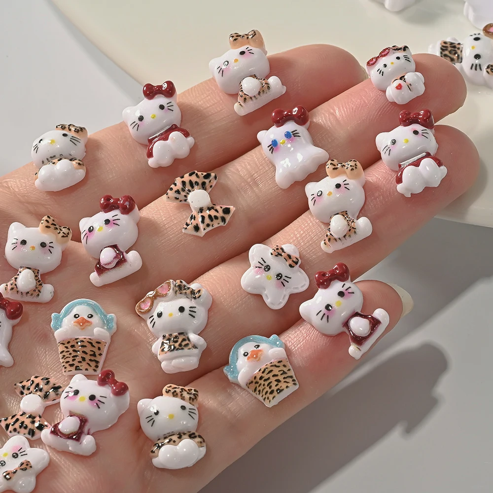 50g/봉지 3D 레오파드 리본 헬로키티 네일 참 귀여운 만화 레진 키티 고양이 네일아트 라인스톤 매니큐어 데코레이션