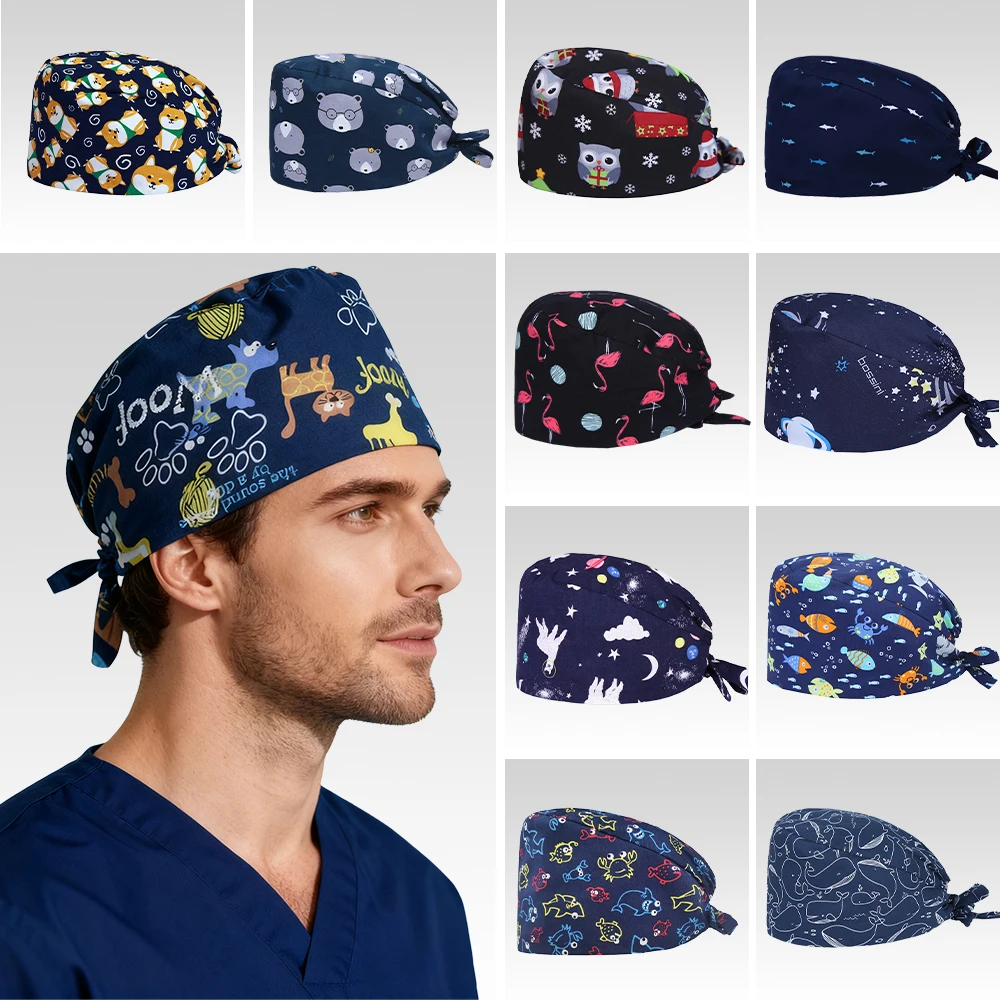 2026 Sky Pattern Nursing Caps Cotton Sweatband Scrub Hat for Doctors Breathable Adjustable Working Hats M89
