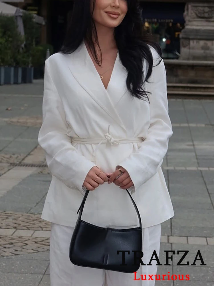 

TRAFZA Elegant Commuter Chic Suit Solid VNeck Lace-up Blazer Long Straight Pants New Fashion 2025 Spring Summer Office Lady Sets