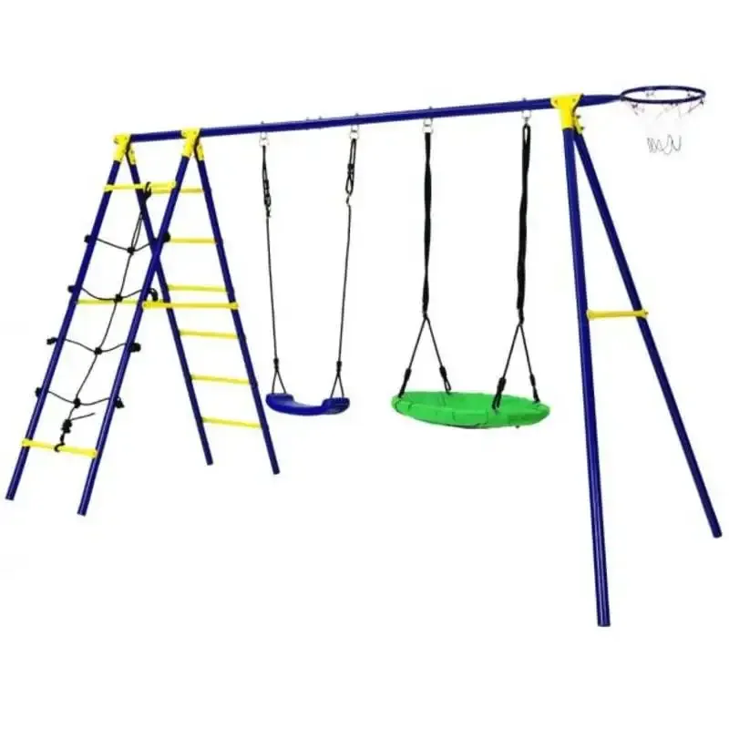 

5-In-1 Outdoor Kids Swing Set with A-Shaped Metal Frame and Ground Stake