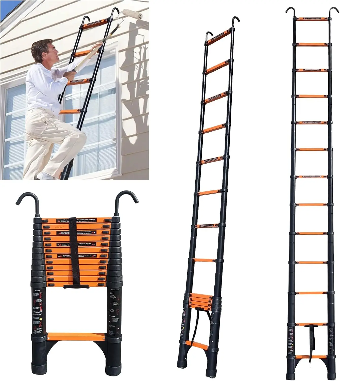 JADDOU 3,8m Orange Teleskopleiter aus Aluminium mit Haken, Tragbare Teleskopleiter, Maximales Gewicht 150KG
