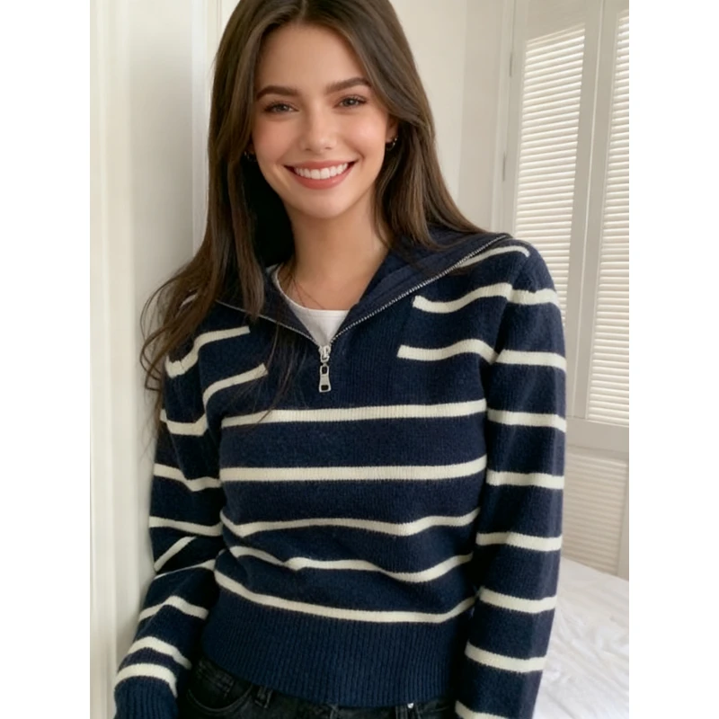 

NEW Korean Chic Knitted Striped Women Cozy Sweater Autumn Winter Half Zip Loose Sailor Collar Pullover Tops Casual Clothing