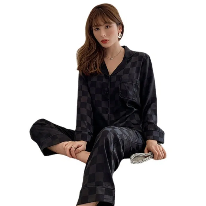 الكورية نمط المرأة الجاكار بيجامة مجموعة طويلة الأكمام بنطلون 2 قطعة مجموعات لينة الجليد الحرير المتسكعون الراحة Homewear مجموعات