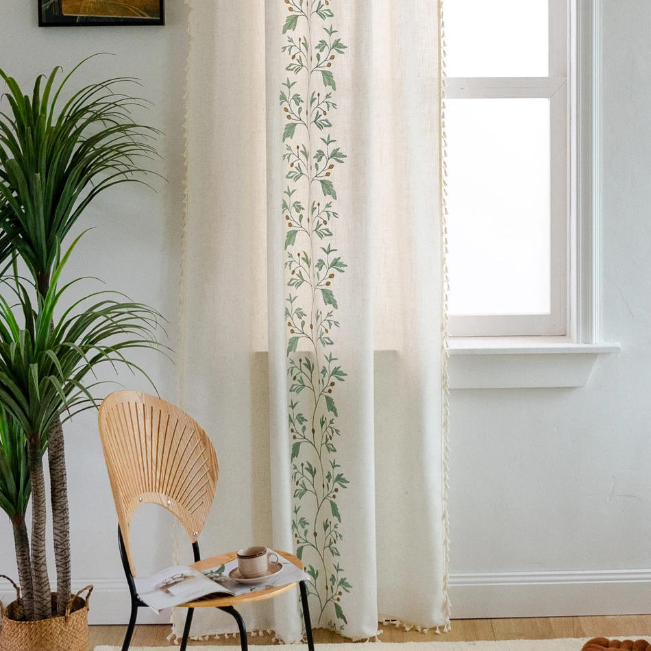 Cotton Linen Embroidery Curtains Road Pocket Shade Curtain Tassel for Kitchen Bedroom Living Room Bay Window Cabinet Curtain