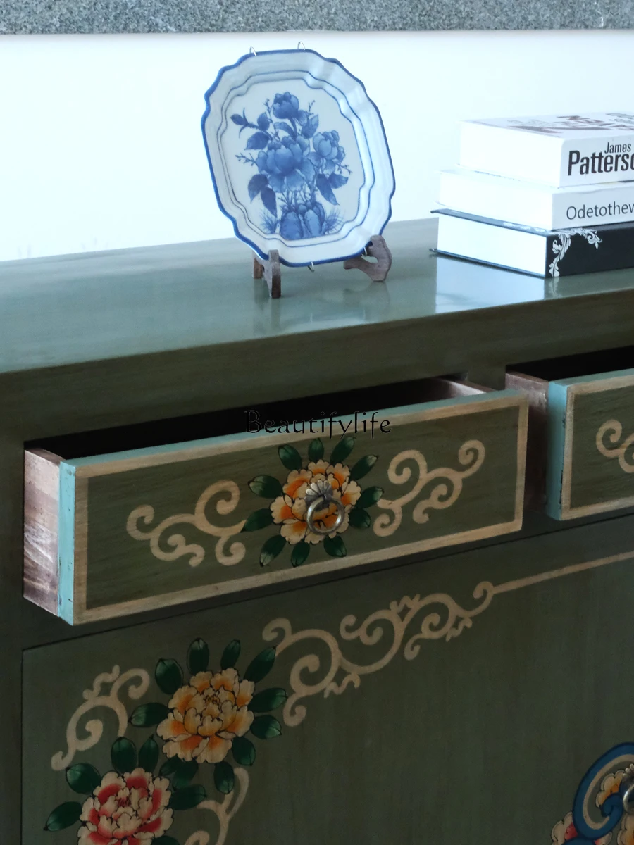 New Chinese painted retro double door three pumping shoe cabinet entrance decorative cabinet