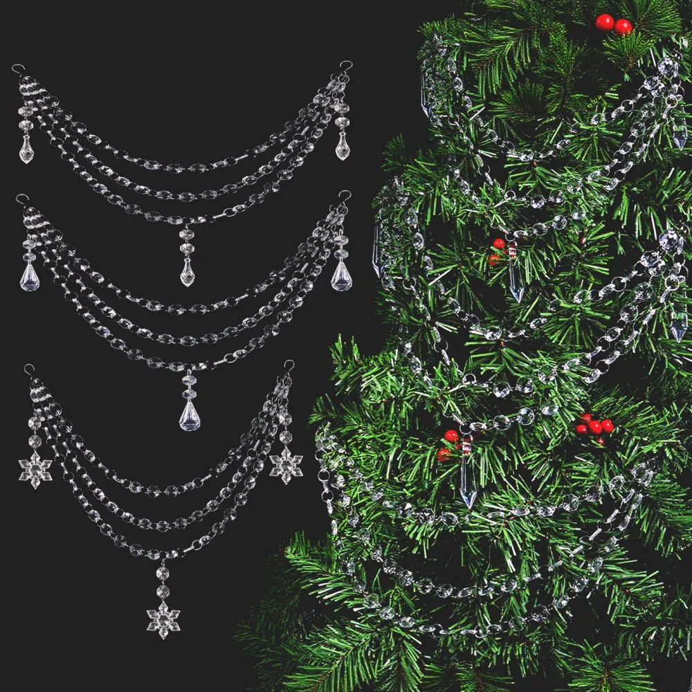 3Set Clear Christmas Acrylic Bead Garland with Hanging Ornament Bendable Design DIY for Tree Decor Festival Party Arrangement