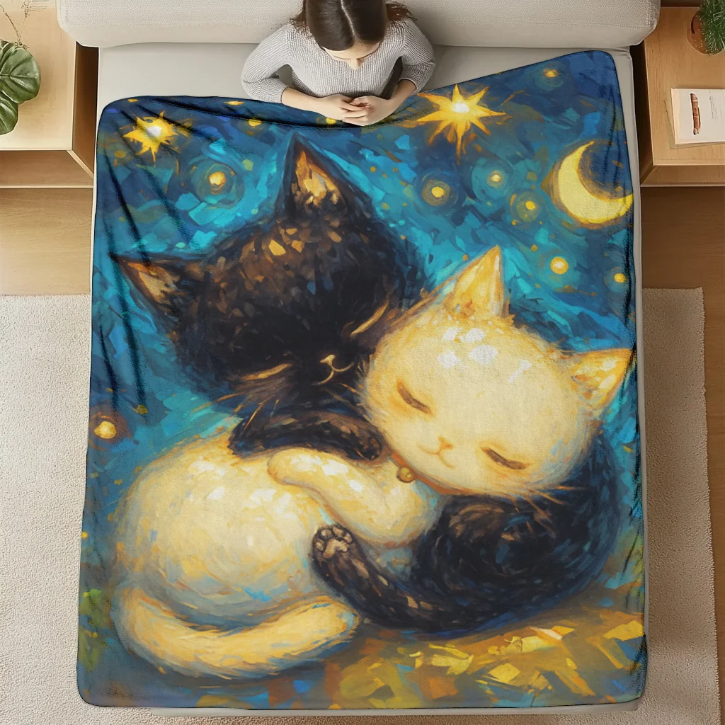 Glam Style Fantasy Cat Print Throw Blanket Digital Starry Sky Background with Two Cuddling Cats, Soft Knitted