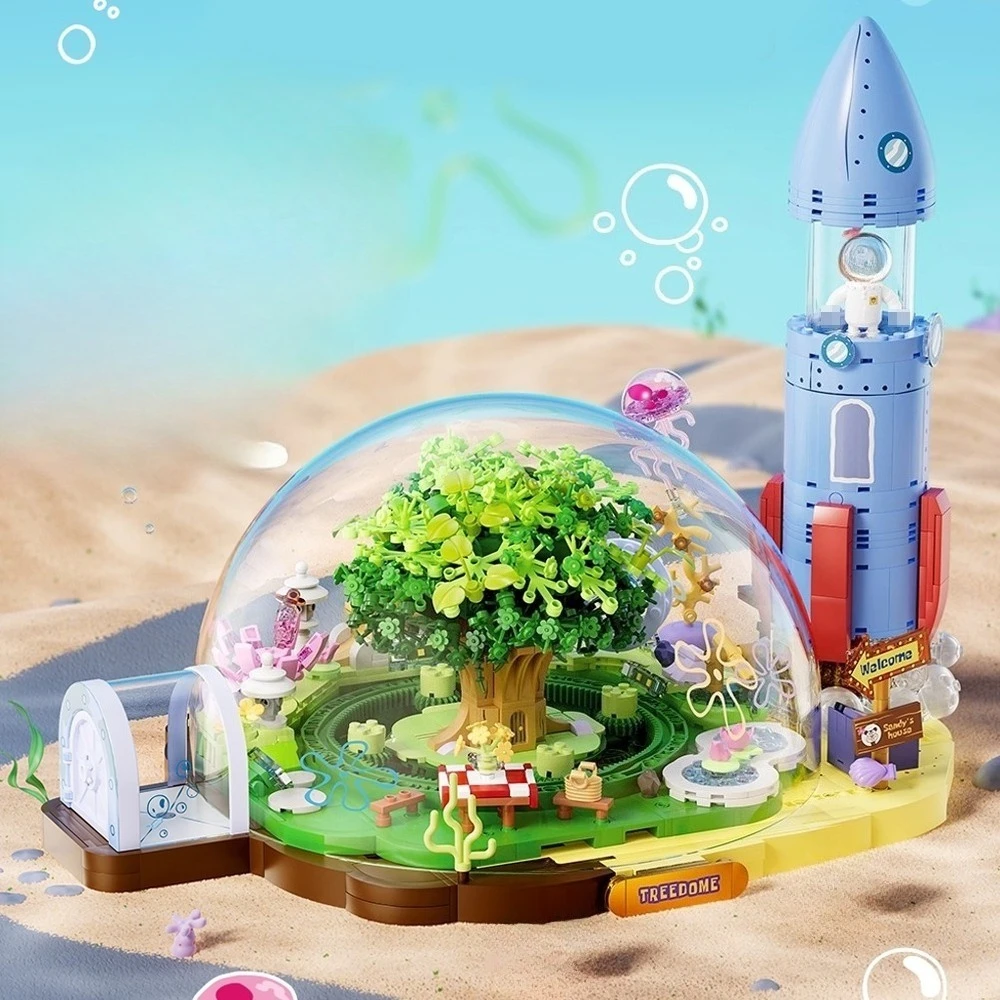 Kreative Kuppel-Baumhaus-Bausteine Cartoon-Anime-Strandstraßenszenen-Modell mit 4 Figuren Zusammengebautes Spielzeug Kinder-Urlaubsgeschenk