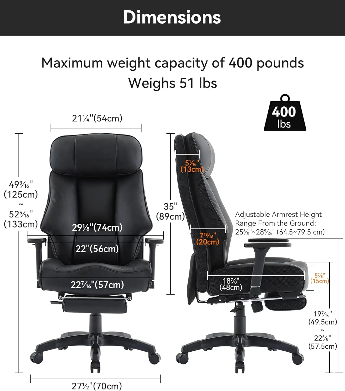 Big and Tall Office Chair 400lbs, Executive Office with Foot Rest, High with Support, Oversized for Heavy People, Leather