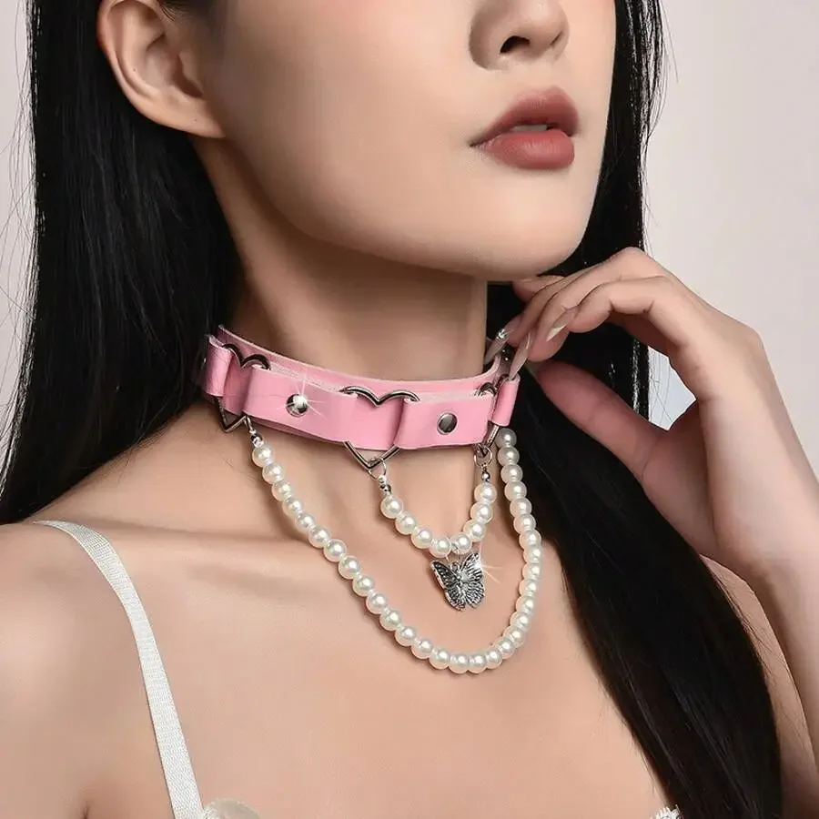 

Pink Leather Choker With Pearl Chain And Butterfly Pendant Punk Style