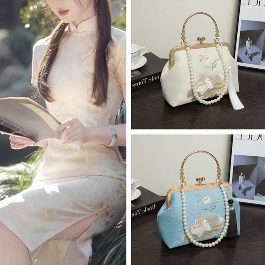 Retro Women Floral Embroidery Evening Clutch Shell Clip Luxury Evening Handbags Purse Pearl Chains Shoulder Bags Crossbody Bags