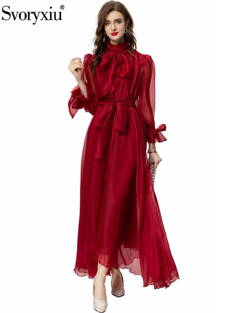 

Svoryxiu Fashion Runway Autumn Party Burgundy Elegant Long Dress Women's Bow Stand Collar Belt Lantern Sleeve Big Swing Dresses