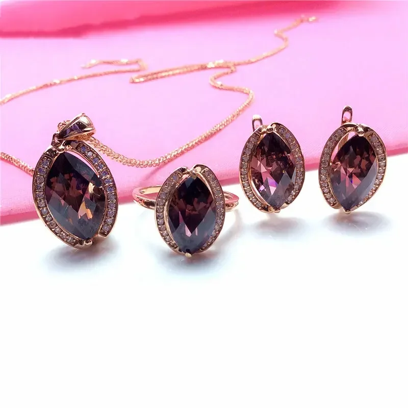 585 Purple Gold Plated 14K Rose Gold Classic Crystal Oval Ruby Jewelry Sets New Evening Light Luxury Necklace Ring for Women