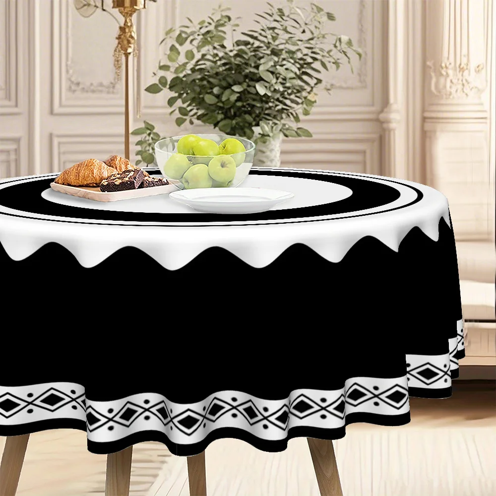 The black, white and gray geometric printed round tablecloth is suitable for home use.zyc
