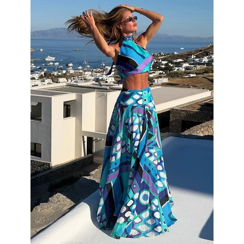 Spring Summer Fashion Resort Elegant Geometric Print Cotton Long Skirt Women's Middle Waist Slim A-Line Big Swing Skirt