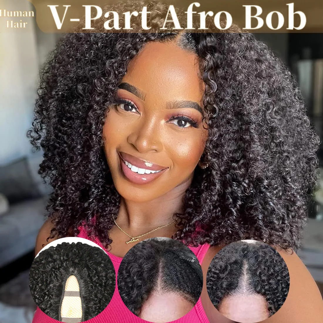 

100% человеческие волосы V-образные афро-кудрявые вьющиеся парики Боб Модернизированные U-образные парики для женщин Кудрявый вьющийся парик V-образной формы Подходит для начинающих