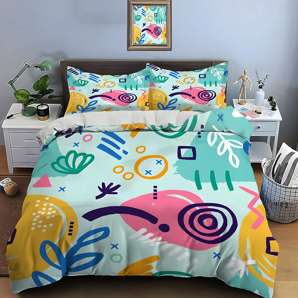 Abstract Hand-Drawn Geometric and Plant Bedding Set for Kids Luxury Gift 3pcs Digital Print Comforter Set Soft Comfortable