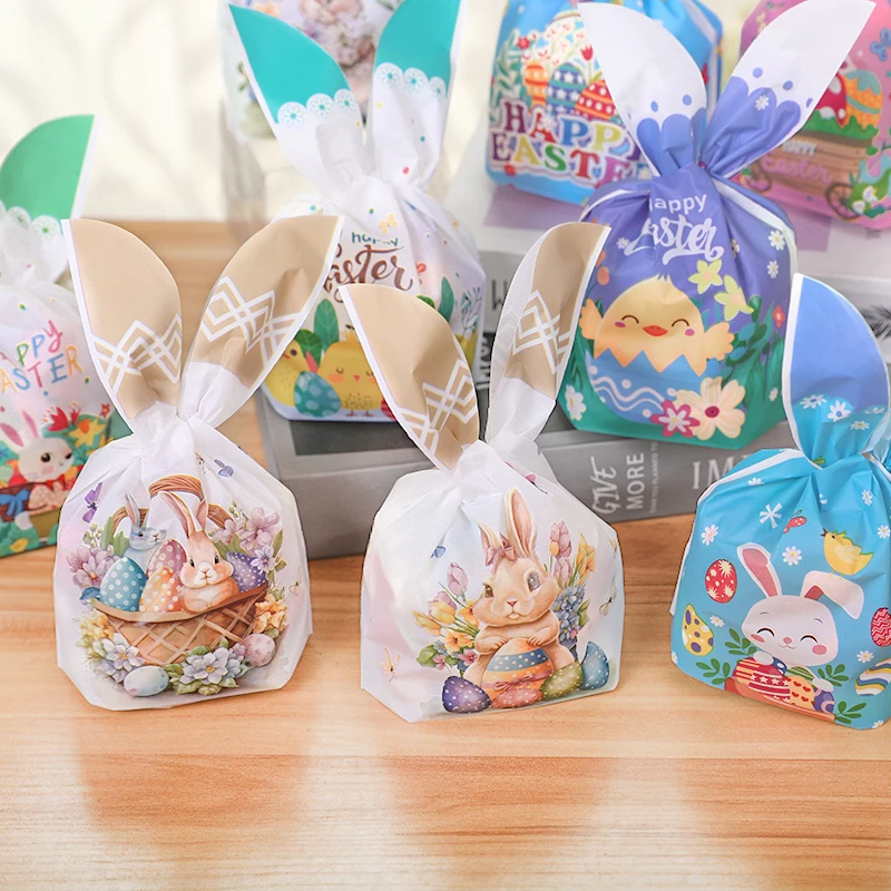 50Pcs Happy Easter Cute Rabbit Ear Candy Bags Chick Egg Plastic Biscuit Snack Packaging Bags Kids Favors Gift Easter Party Decor