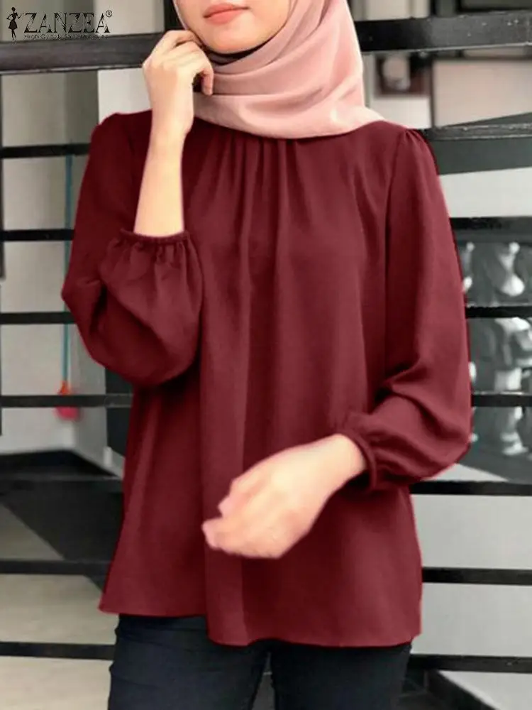 ZANZEA-Blusa de manga larga para mujer, Top musulmán liso, camisa elegante informal de Dubái, Turquía, Abaya, Hijab, moda de otoño