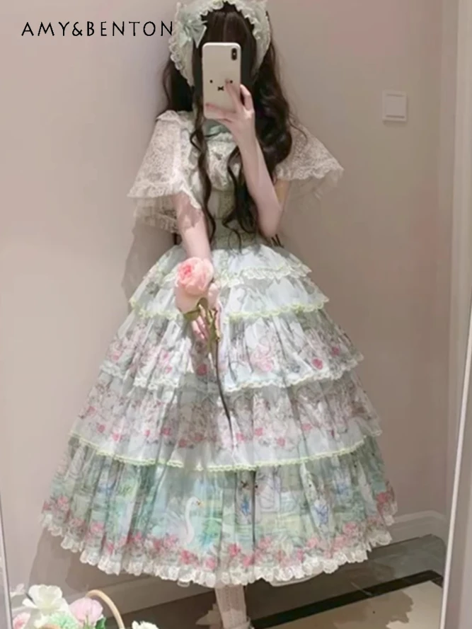 

Pastoral Style Vintage Lolita Dress Jsk Elegant Bow Cartoon Print High Waist Slim Dress for Women Sweet Girl Mid-length Dresses