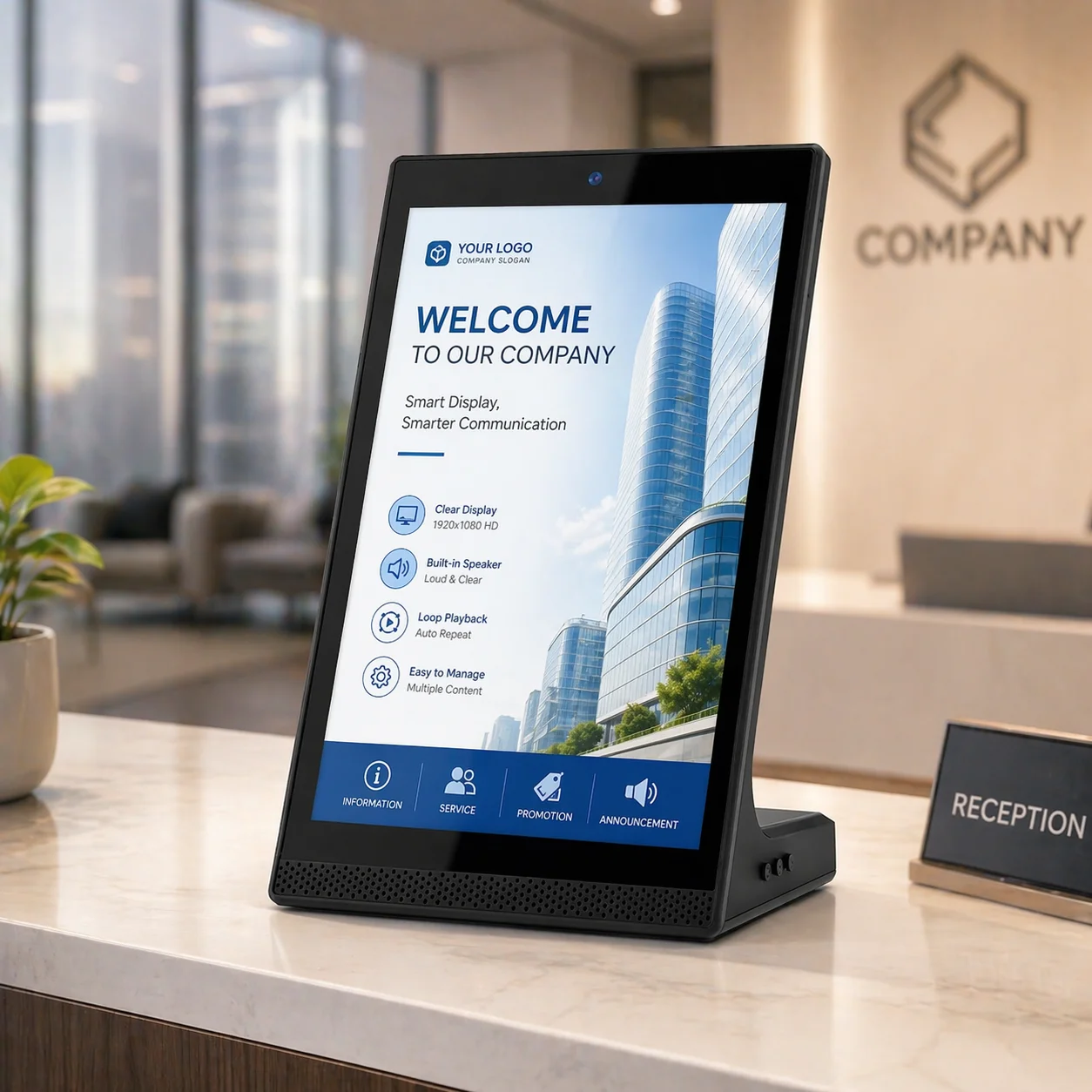 Professional Plastic Countertop Smart Display Built-in Camera Indoor Use 1 Year Warranty for Secure Office Visitor Management