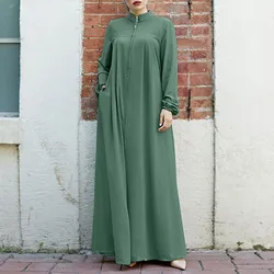 Abito camicia Vintage donna abiti musulmani a maniche lunghe retrò Casual tinta unita Abaya caftano abiti caftano cerniera lungo Maxi Robe