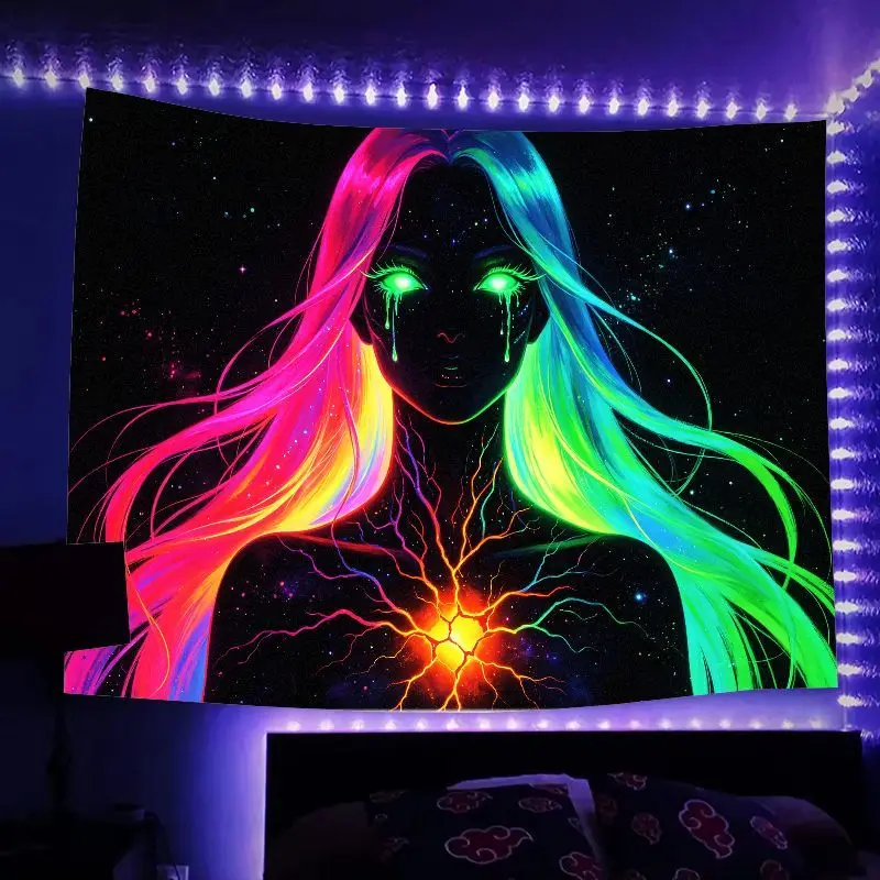 VIKAMA Neon-Style Chakra Girl Tapestry, Starry Sky Meridian Portrait Polyester Wall Hanging, Home Decor
