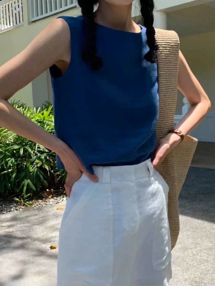 한국 슬림핏 블루 보타이 여성 여름 신상 휴가 캐주얼 다용도 베스트 탑 루즈핏 라운드넥