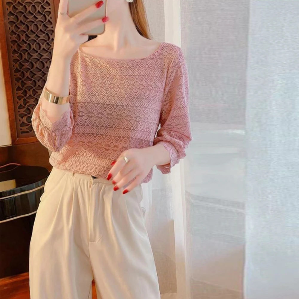 

Sweet Flower Lace T Shirt Women Retro Short Sleeve Tee Woman Office Lady Pink Black S-3XL Transparent Lace Blouse T-shirt Tops